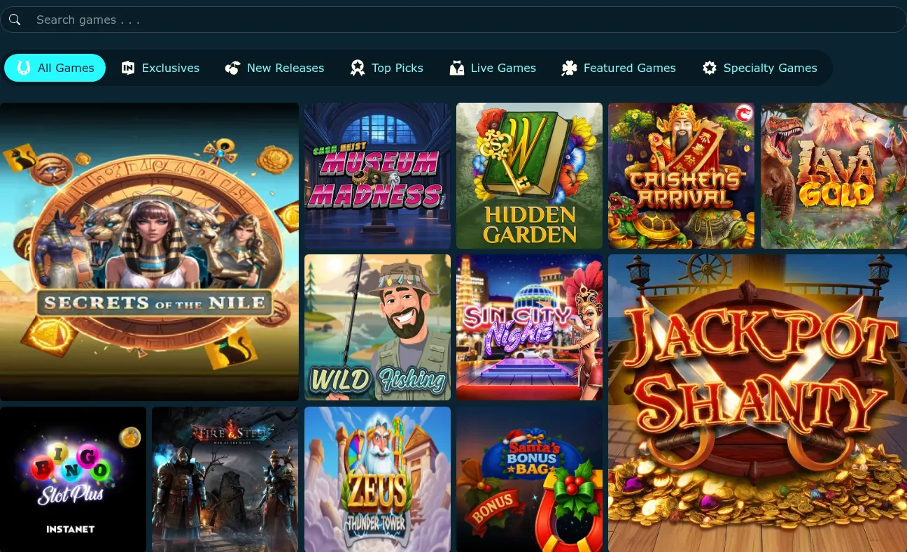 Dendera Casino — Interfaz oscura, menú lateral y banner del bono